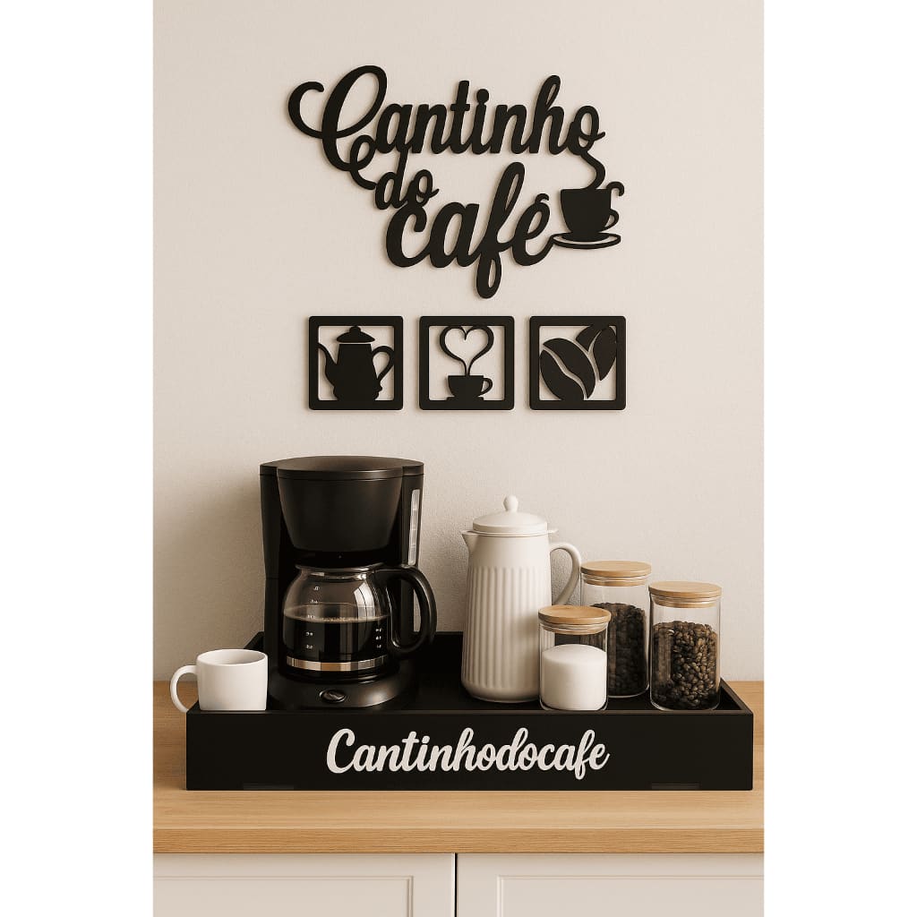 Cantinho do Café em MDF Preto – Kit com Placas Decorativas e Bandeja presente
