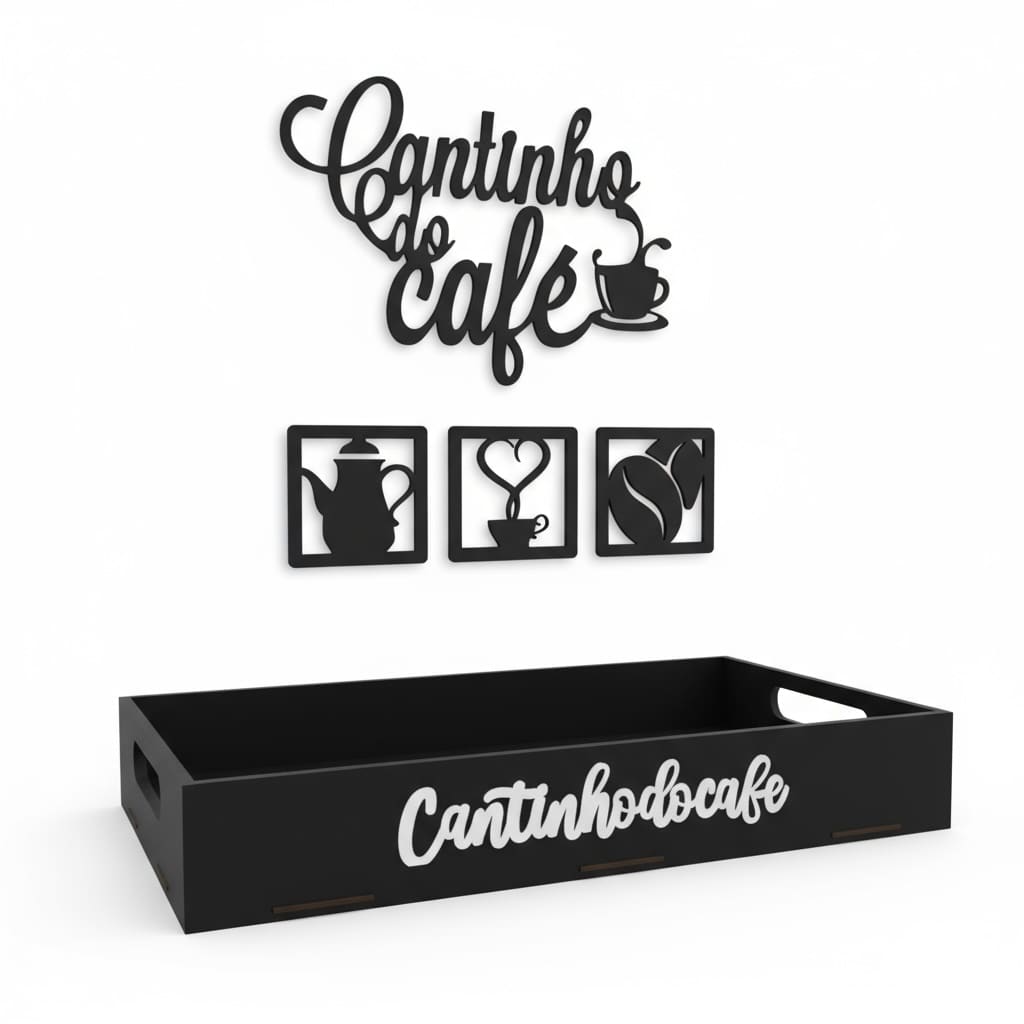 Cantinho do Café em MDF Preto – Kit com Placas Decorativas e Bandeja presente