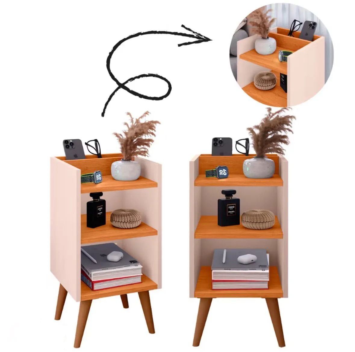 Kit com 2 Mesa de Cabeceira Nicho Organizador, pés retrô em PVC e Porta-Celular Max